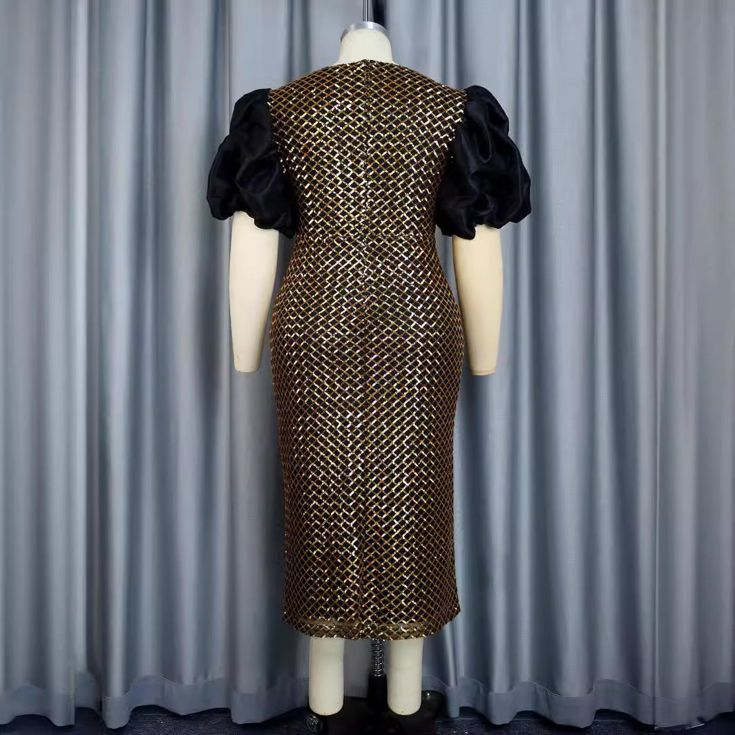 Damen Abendkleid mit strukturiertem Oberteil und voluminösen Puffärmeln R&B
