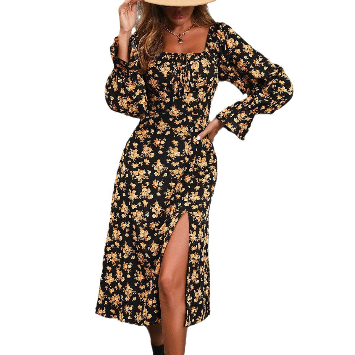 Damen Blütenmuster Maxikleid mit verstellbarem Ausschnitt R&B