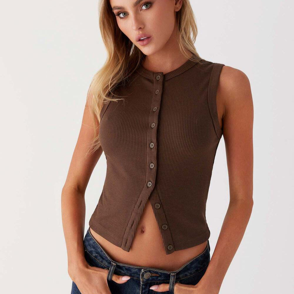 Damen ärmelloses Knopfschalenshirt aus Rippenstoff mit modernem Schnitt R&B