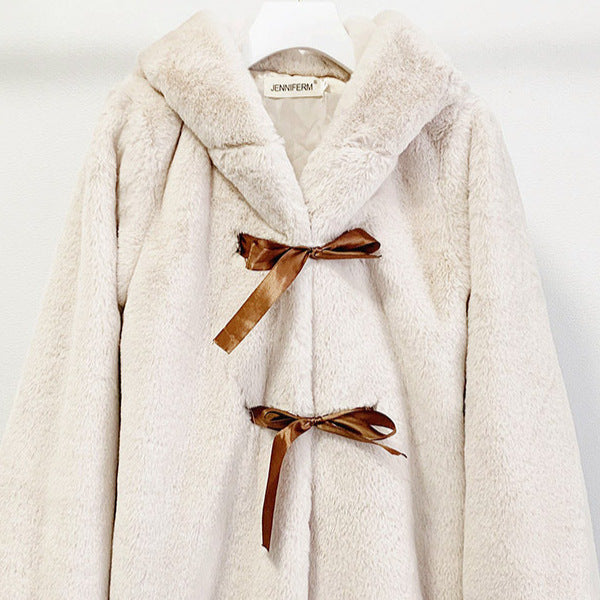 Damen Kuschelige Kunstpelzjacke mit Kapuze und Schleifendetails R&B