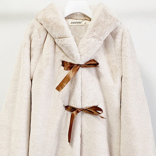 Damen Kuschelige Kunstpelzjacke mit Kapuze und Schleifendetails R&B
