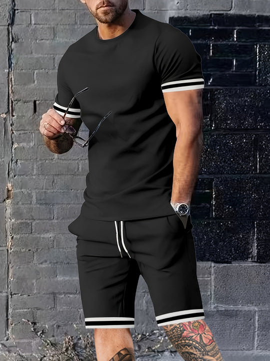 Herren nan sportliches Lounge-Set aus hochwertiger Baumwollmischung mit körpernahem Kurzarmshirt und Kordel-Shorts mit kontrastierenden Bündchen R&B