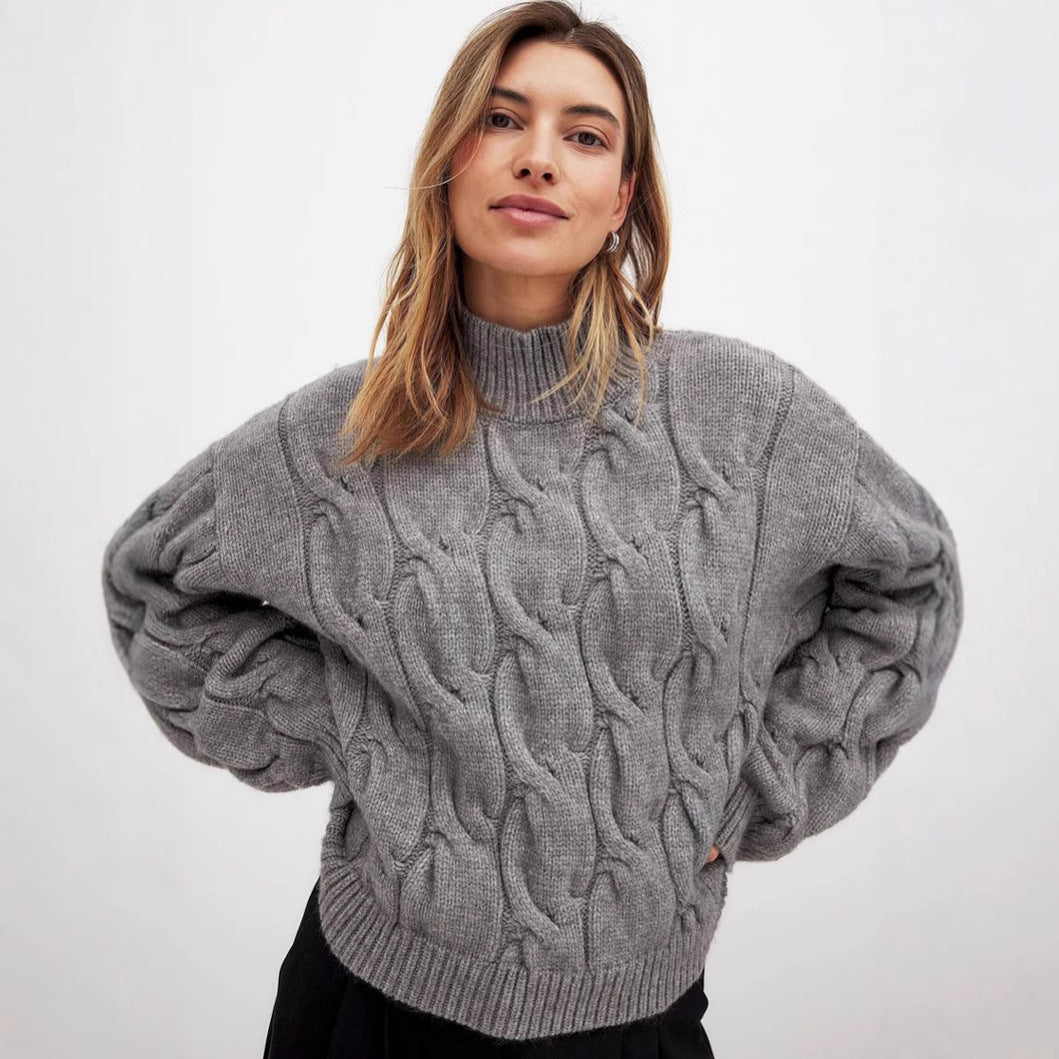 Damen Grobstrickpullover mit einem hohen Kragen und romantischem Zopfdesign R&B
