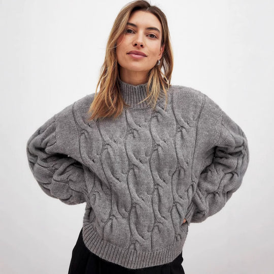 Damen Grobstrickpullover mit einem hohen Kragen und romantischem Zopfdesign R&B