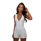 Damen eleganter Body mit Spitzenbesatz und tiefem V-Ausschnitt R&B