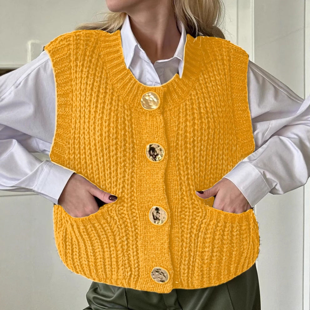 Damen gemütliche Strickweste mit großen Knöpfen und praktischen Taschen R&B