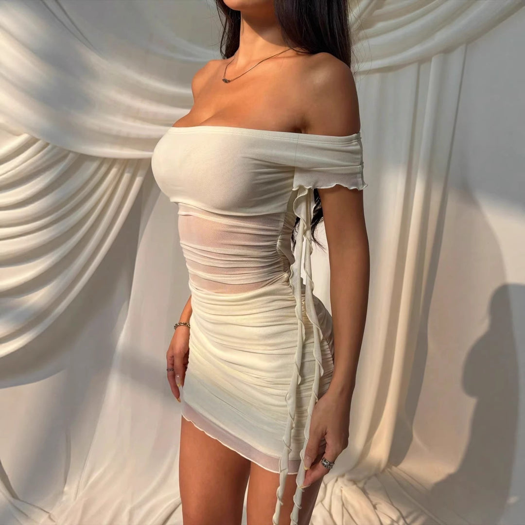 Damen Off-Shoulder Minikleid mit raffinierten Drapierungsdetails und verspielten Schnürungen R&B