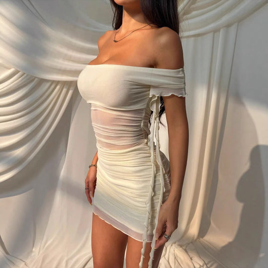 Damen Off-Shoulder Minikleid mit raffinierten Drapierungsdetails und verspielten Schnürungen R&B