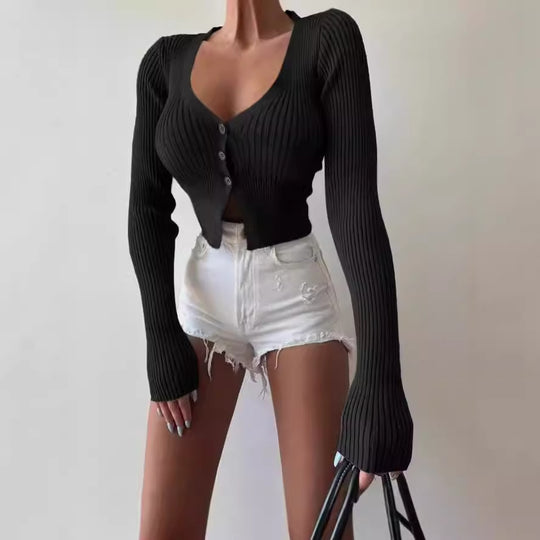 Damen Strick-Cardigan mit tiefem V-Ausschnitt und Knopfverschluss R&B