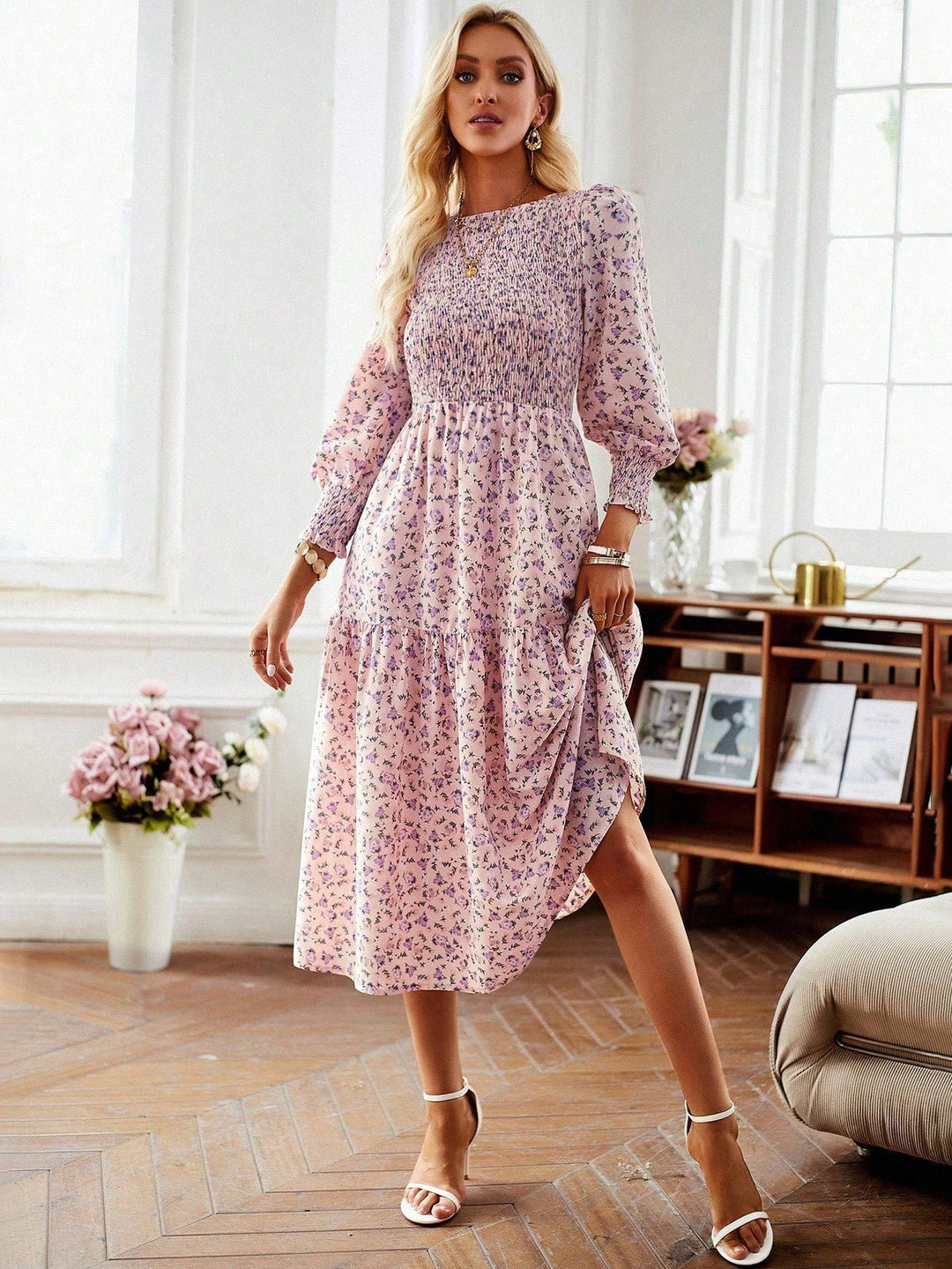 Damen Florales Midi-Kleid mit Geraffter Taille und Langen Ärmeln R&B