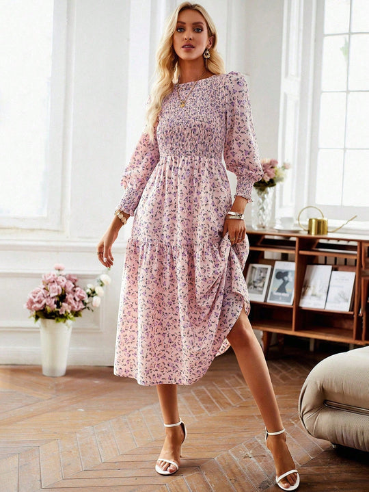 Damen Florales Midi-Kleid mit Geraffter Taille und Langen Ärmeln R&B