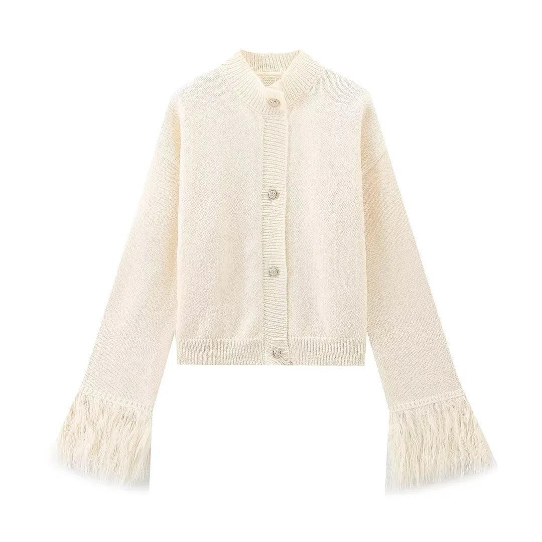 Damen lässige Strickjacke mit dekorativen Fransen und hochwertigen Knöpfen R&B