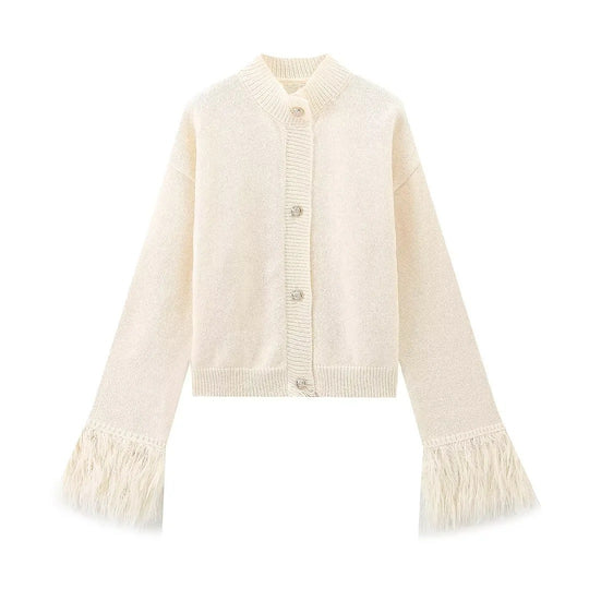 Damen lässige Strickjacke mit dekorativen Fransen und hochwertigen Knöpfen R&B