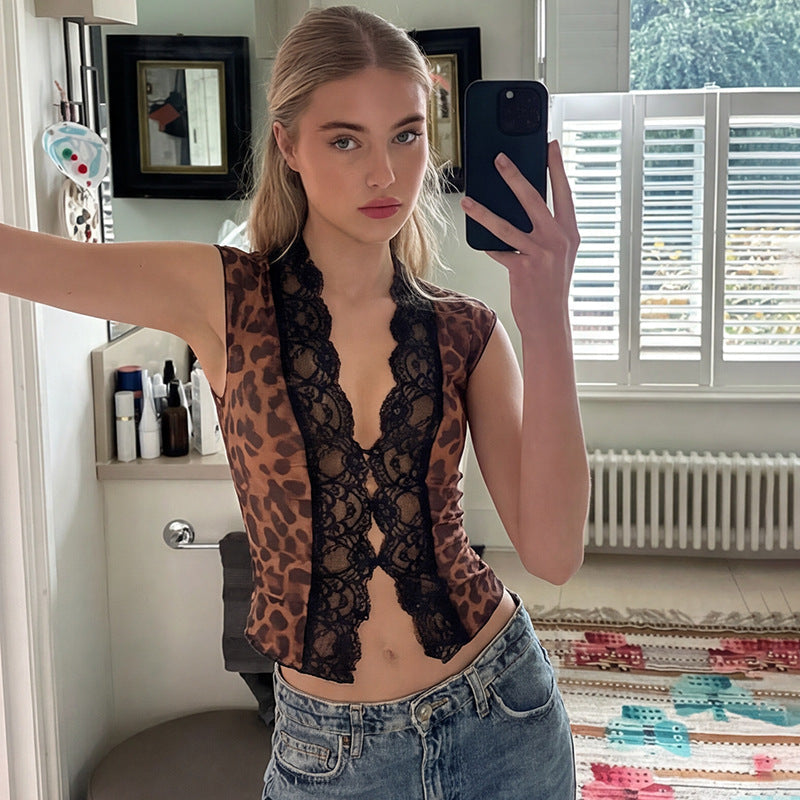 Damen Transparente Spitzenbluse mit Leopardenmuster R&B 1778568971