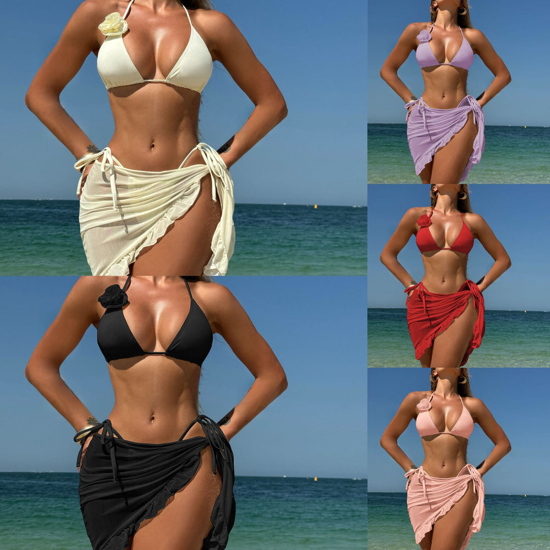 Damen Triangel-Bikini mit verführerischem Wickelrock und Blumenapplikation R&B