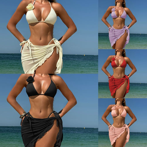Damen Triangel-Bikini mit verführerischem Wickelrock und Blumenapplikation R&B