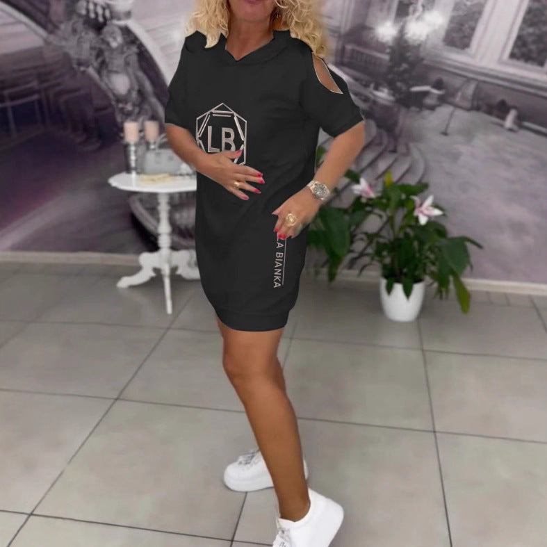 Damen nan sportliches Kapuzen-Tunika-Kleid mit Schulterauschnitten und Logoprint R&B