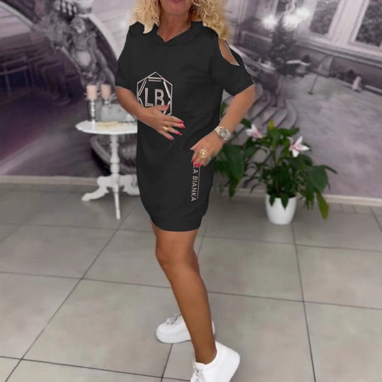 Damen nan sportliches Kapuzen-Tunika-Kleid mit Schulterauschnitten und Logoprint R&B