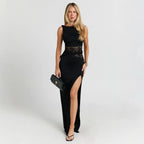 Damen Elegantes Abendkleid mit hohem Schlitz und Spitzeinsatz R&B