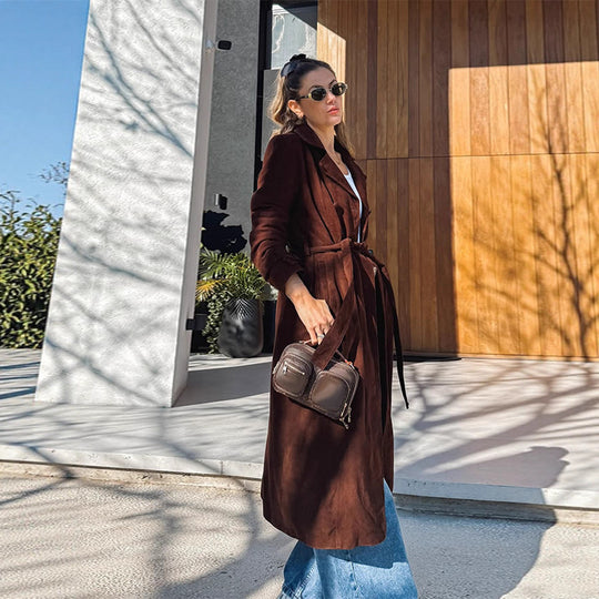 Damen Elegante Langzeit-Trenchcoat aus weichem Wildleder R&B