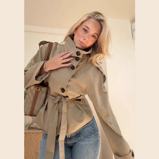 Damen stylische Übergangsjacke mit hohem Kragen und Taillengürtel R&B