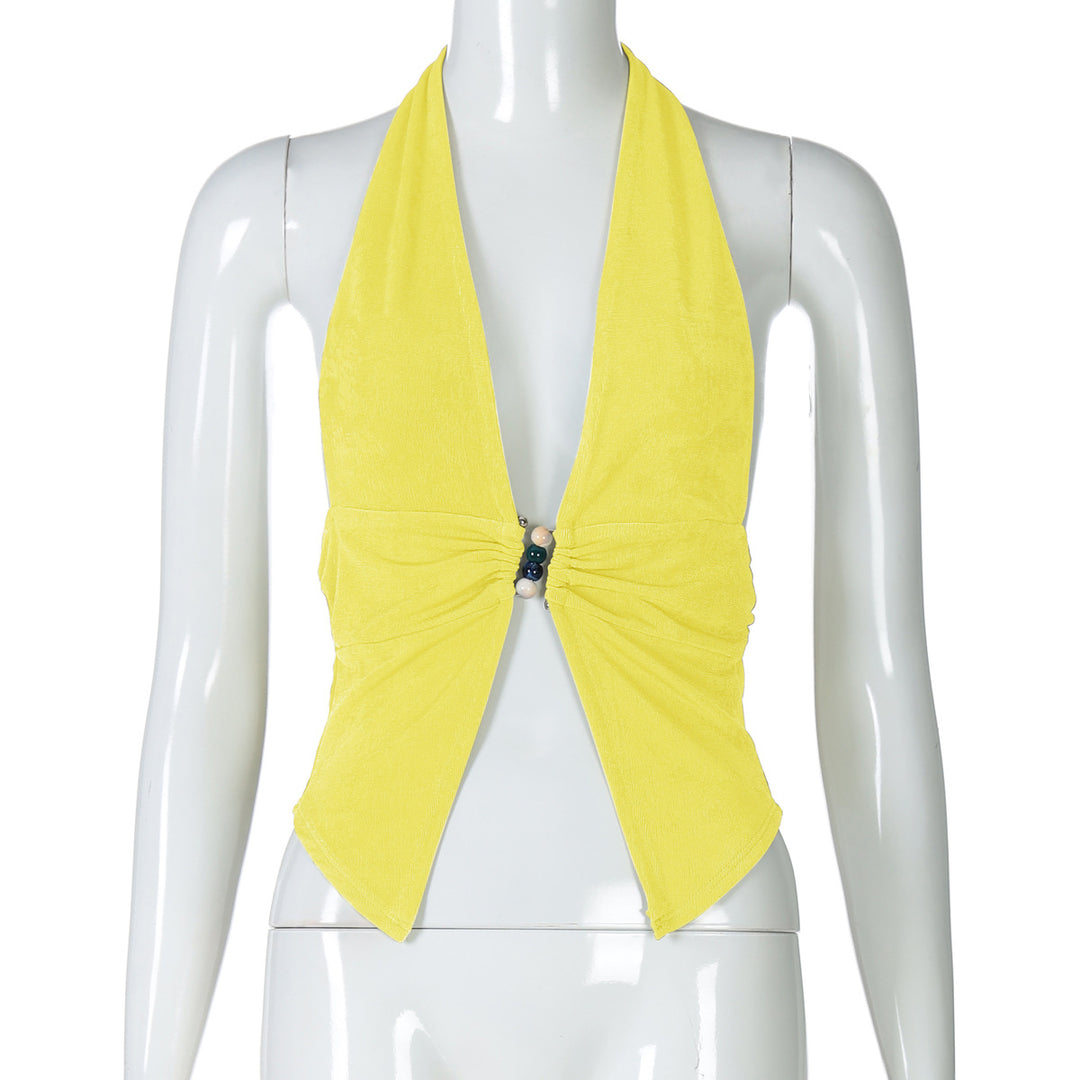 Damen Haltertop mit eleganter Raffung und dekorativen Perlen R&B