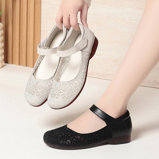 Damen Elegante Ballerinas mit filigranem Blumenmuster und verstellbarem Riemen R&B