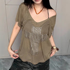 Damen stylisches Oversized T-Shirt mit Kreuz-Print und Glitzerdetails R&B