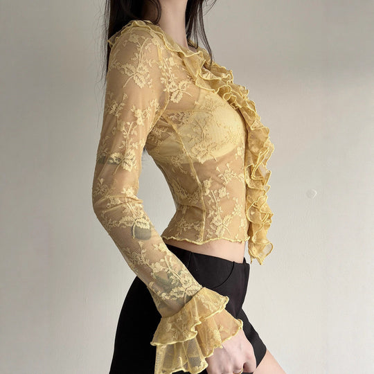Damen Elegant verziertes Langarmoberteil aus Spitze mit Rüschen R&B