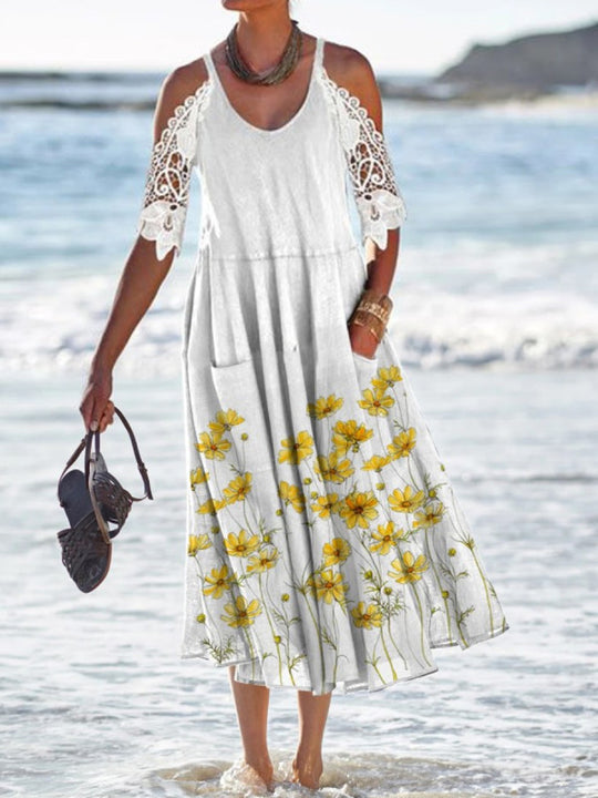 Damen nan fließendes Maxikleid mit Schulterausschnitten Häkelspitzenärmeln A‑Linien‑Schnitt und Eingrifftaschen R&B