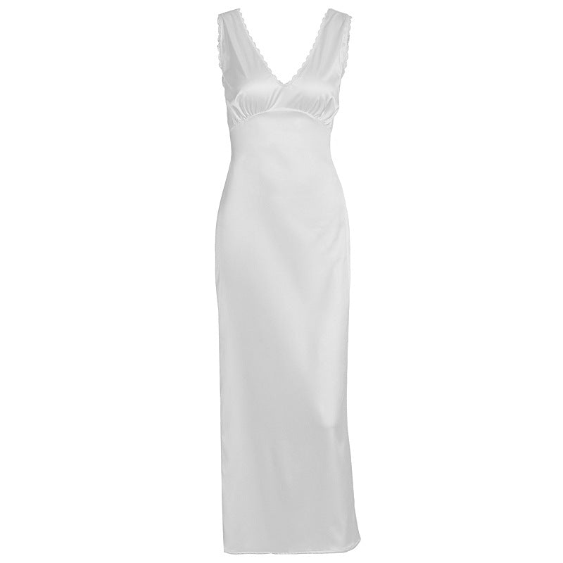Damen elegantes Satin-Nachtkleid mit tiefem V-Ausschnitt und breiten Trägern R&B