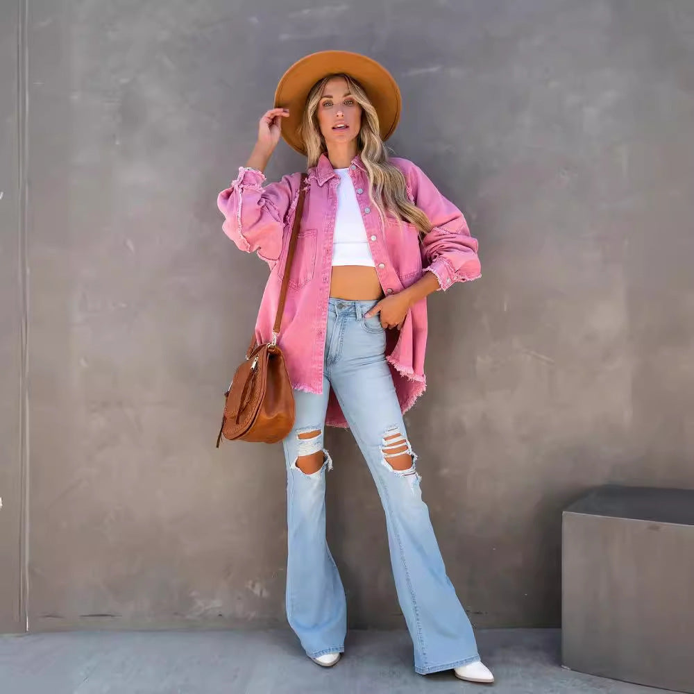 Damen Lässige und stylische Jeansbluse mit Fransen R&B