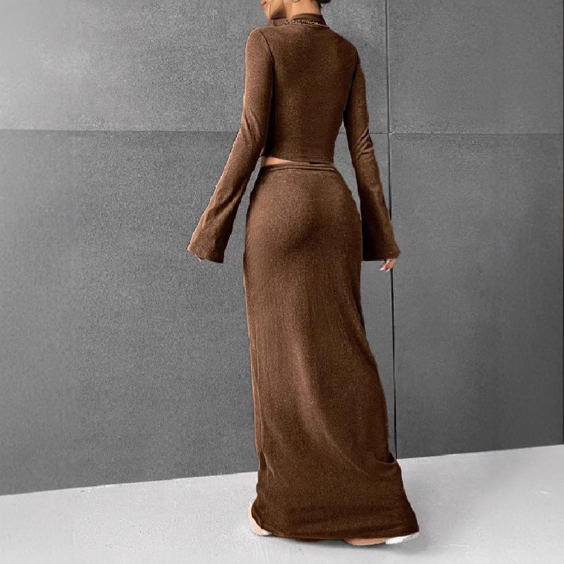 Damen Elegantes und komfortables Crop-Top mit langem Ärmel und Maxi-Rock R&B
