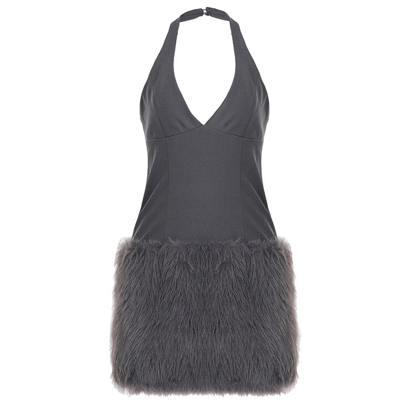 Damen elegantes Abendkleid mit gefüttertem Fellbesatz R&B