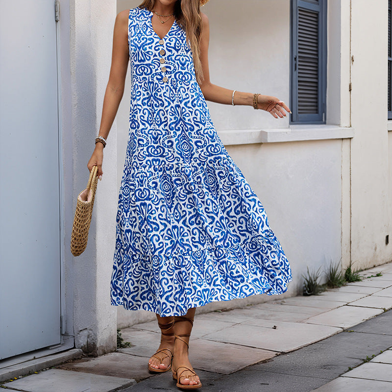 Damen Maxikleid mit romantischem Muster und tiefem V-Ausschnitt R&B