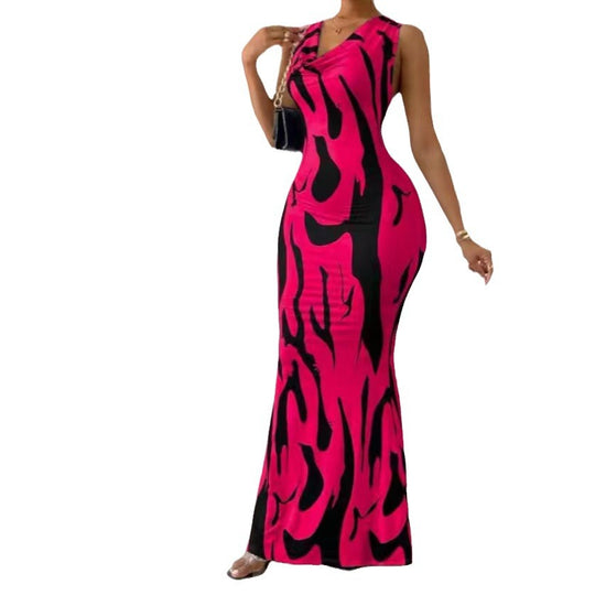 Damen elegantes Maxikleid mit figurbetontem Schnitt und trendigem Muster R&B