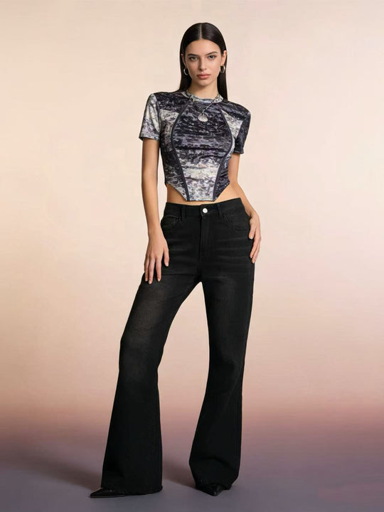 Damen Flared Jeans mit fransigem Saum und hohem Bund