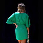 Damen elegantes Wickelkleid mit tiefem V-Ausschnitt und voluminösen Ärmeln R&B