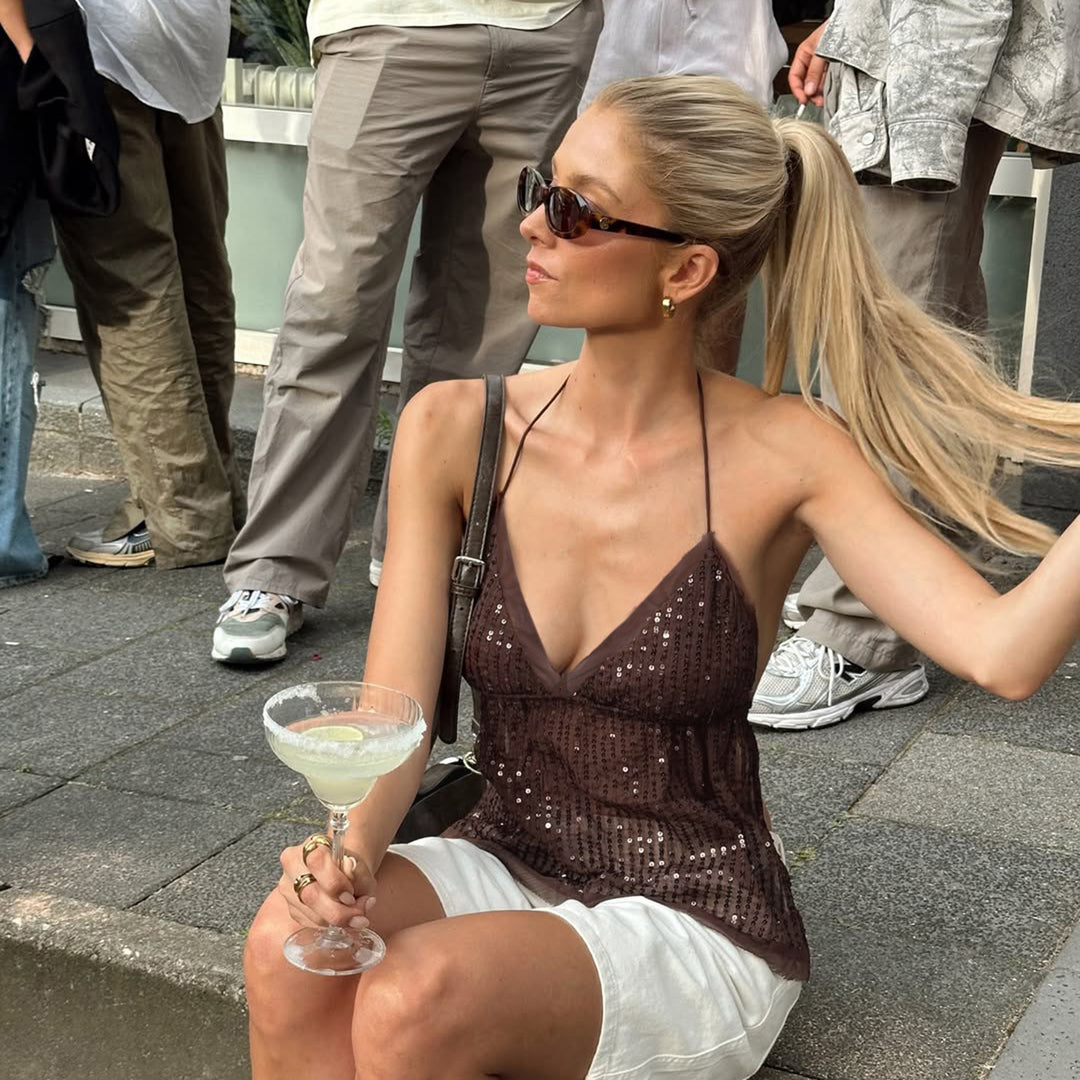 Damen schickes Top mit funkelnden Pailletten und verstellbarem Träger R&B