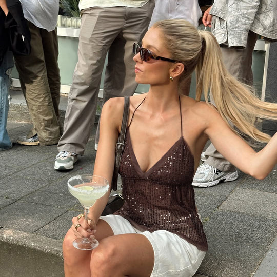 Damen schickes Top mit funkelnden Pailletten und verstellbarem Träger R&B
