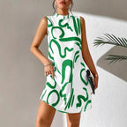 Damen A-linien Minikleid mit modernem grafischem Muster und Stehkragen R&B