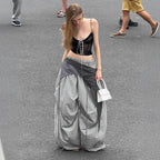 Damen modische High-Waist-Hose mit asymmetrischem Design und seitlichem Bindegurt R&B