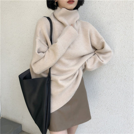 Damen Oversized Pullover mit hohem Kragen und Puffärmeln R&B