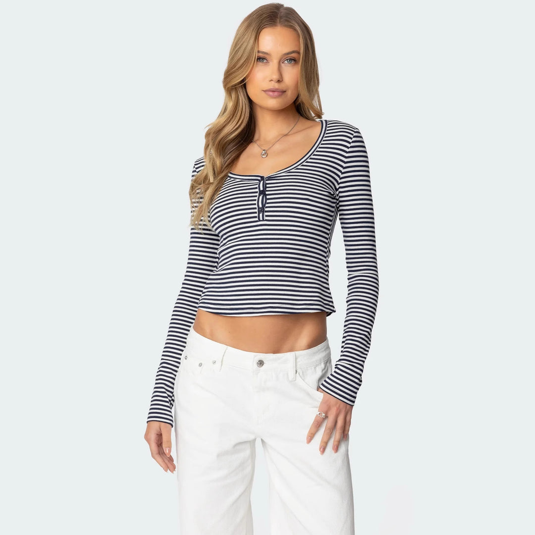 Damen Langarmshirt mit dehnbarem Streifenmuster und figurbetontem Schnitt R&B