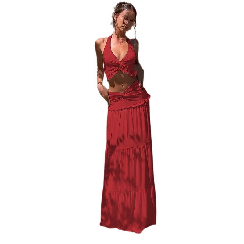 Damen Zweiteiliges Sommerkleid mit raffiniertem Oberteil und fließendem Rock R&B
