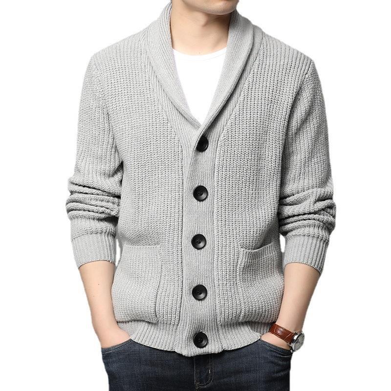 Herren kuschelige Strickjacke mit schickem Kragen und funktionalen Taschen R&B