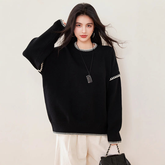 Damen Übergroßer Strickpullover mit Kontrastbündchen R&B