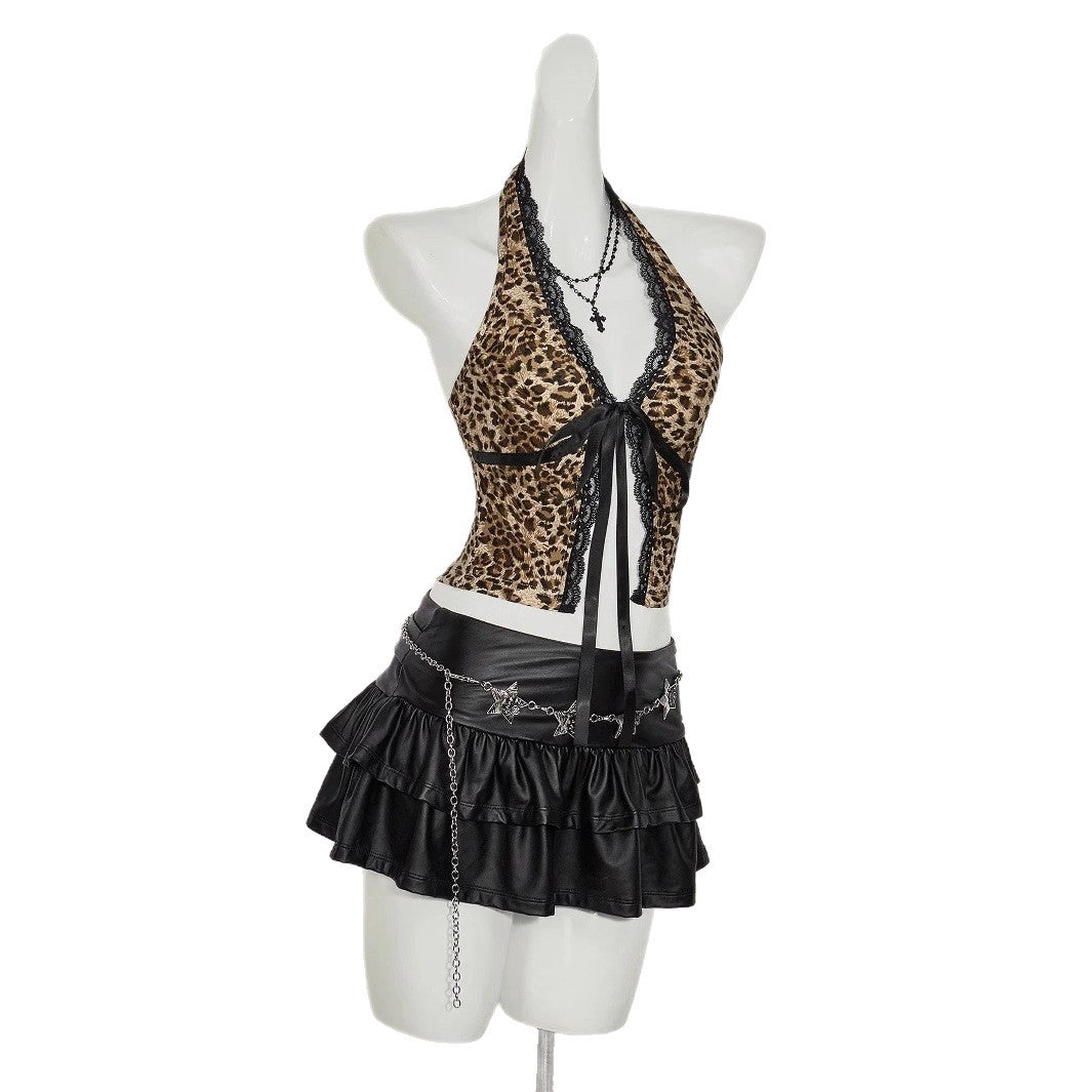 Damen Haltertop mit Spitzenverzierungen und Leopardenmuster R&B