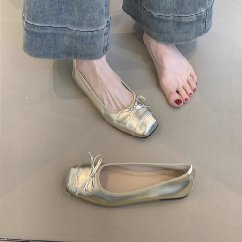 Damen elegante Ballerinas mit modischem Glanz und zierlichem Schleifendetail R&B