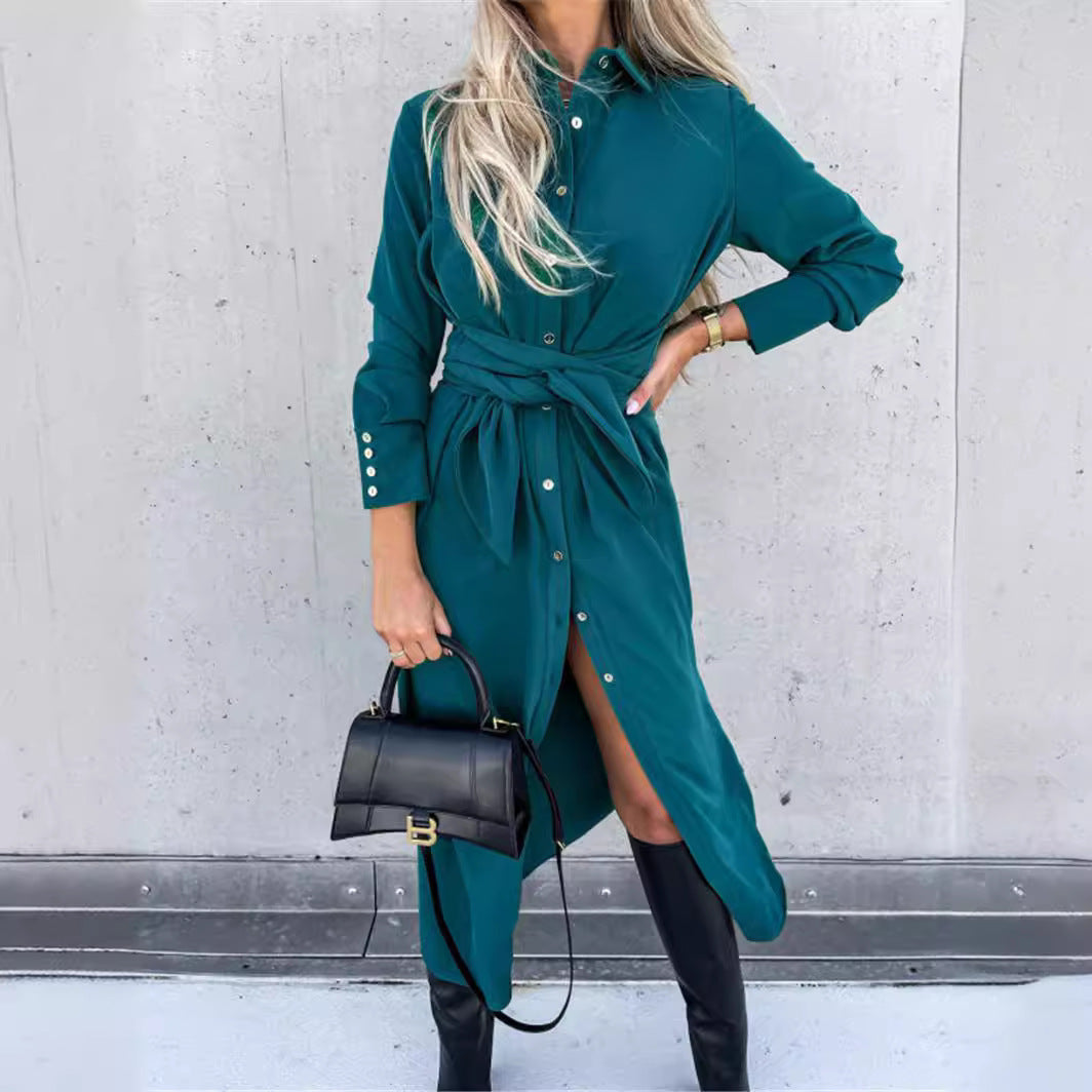 Damen Hemdkleid mit Wickelgürtel und Knopfleiste R&B